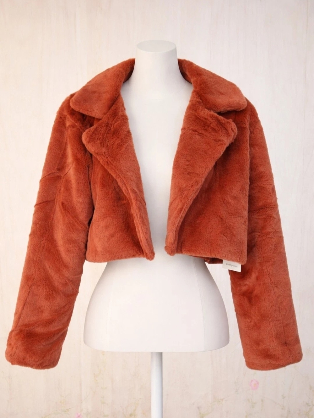 Love Poem Rust Cropped Collared Open Jacket Long Sleeve Short Solid L Faux Fur